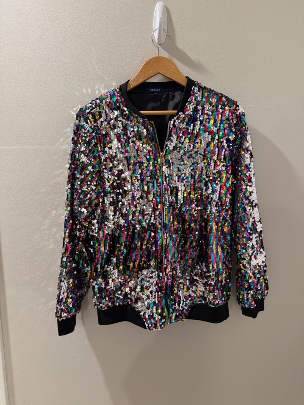 Multicolor Sequin Bomber Jacket with Black Rib Trim